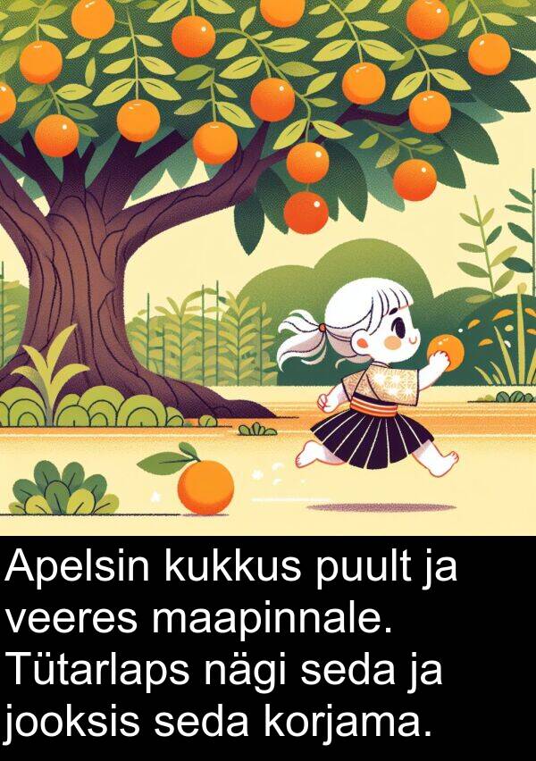 kukkus: Apelsin kukkus puult ja veeres maapinnale. Tütarlaps nägi seda ja jooksis seda korjama.