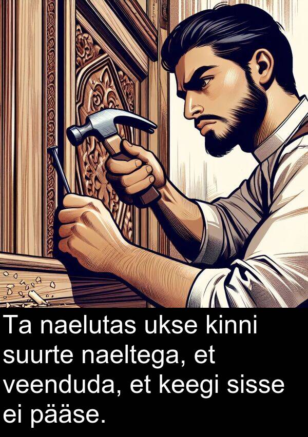 veenduda: Ta naelutas ukse kinni suurte naeltega, et veenduda, et keegi sisse ei pääse.