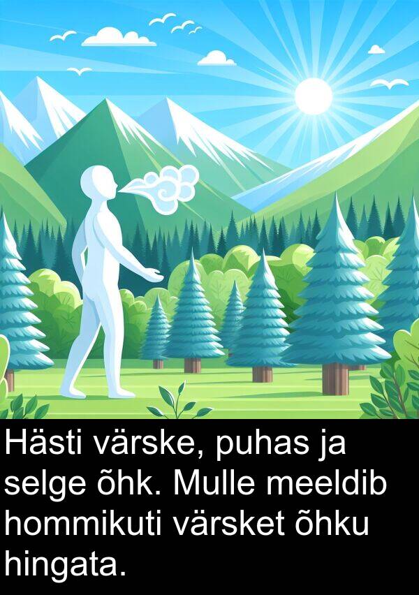 värsket: Hästi värske, puhas ja selge õhk. Mulle meeldib hommikuti värsket õhku hingata.