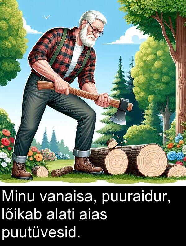puutüvesid: Minu vanaisa, puuraidur, lõikab alati aias puutüvesid.