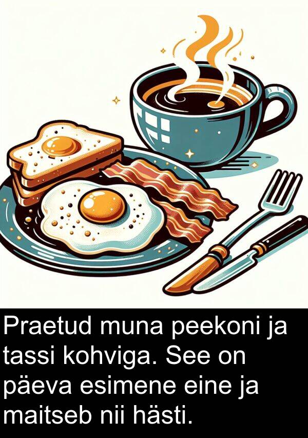 esimene: Praetud muna peekoni ja tassi kohviga. See on päeva esimene eine ja maitseb nii hästi.
