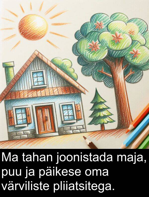 värviliste: Ma tahan joonistada maja, puu ja päikese oma värviliste pliiatsitega.