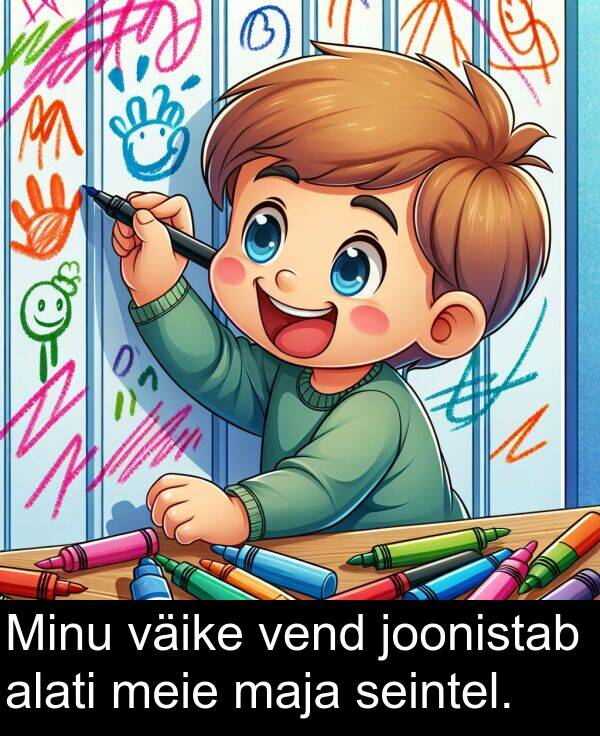 väike: Minu väike vend joonistab alati meie maja seintel.