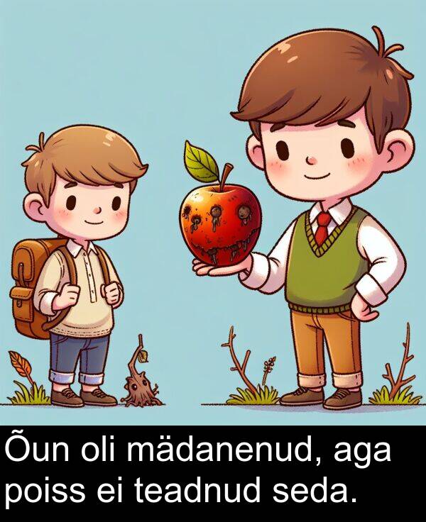mädanenud: Õun oli mädanenud, aga poiss ei teadnud seda.