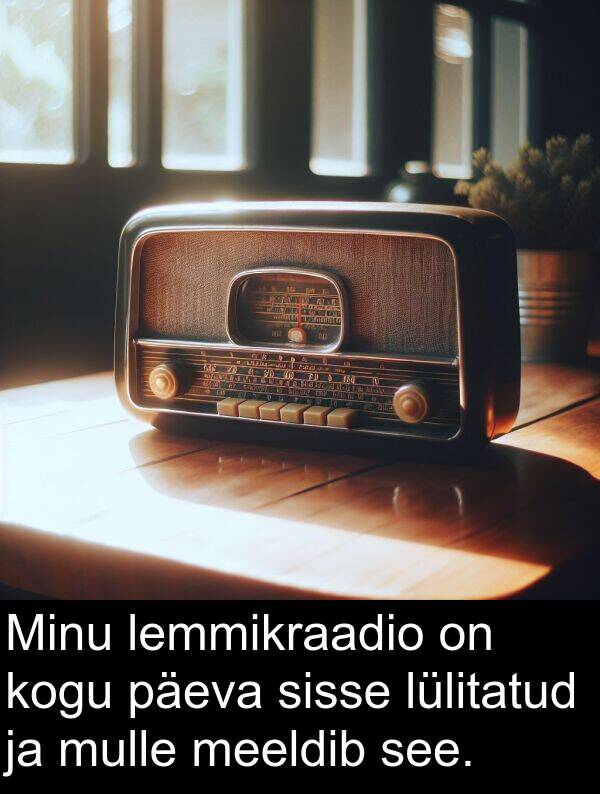 lülitatud: Minu lemmikraadio on kogu päeva sisse lülitatud ja mulle meeldib see.