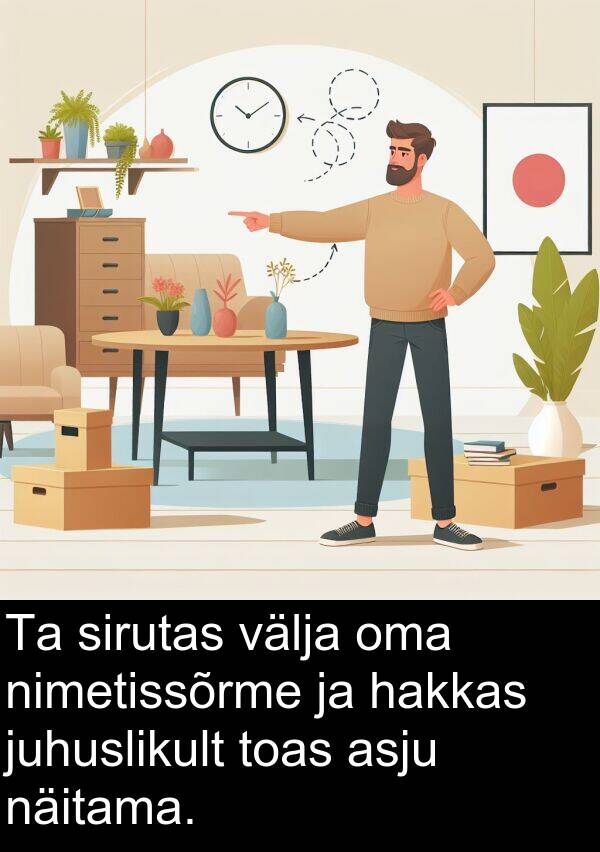 toas: Ta sirutas välja oma nimetissõrme ja hakkas juhuslikult toas asju näitama.