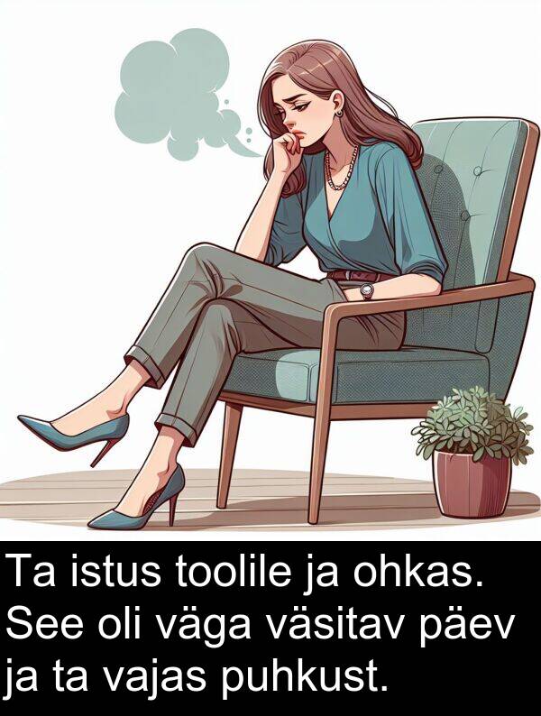 päev: Ta istus toolile ja ohkas. See oli väga väsitav päev ja ta vajas puhkust.