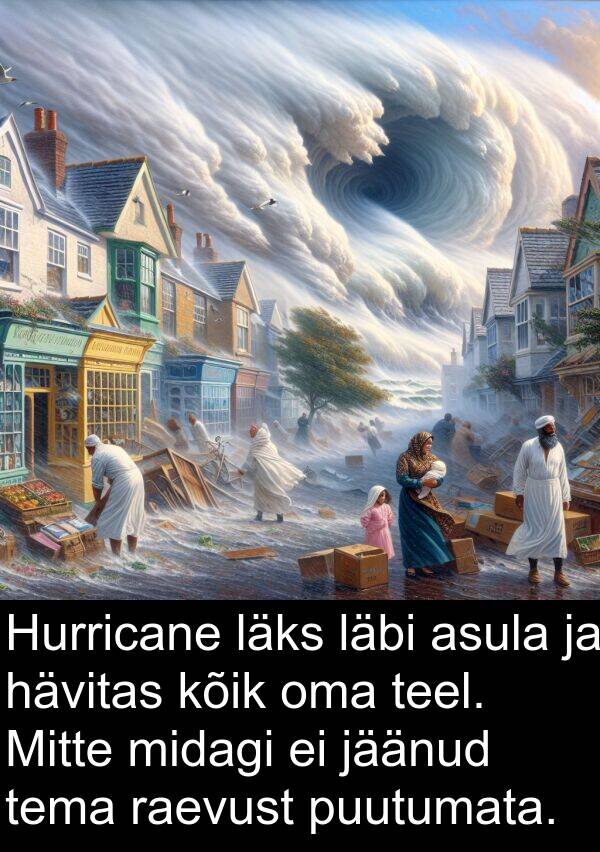 raevust: Hurricane läks läbi asula ja hävitas kõik oma teel. Mitte midagi ei jäänud tema raevust puutumata.