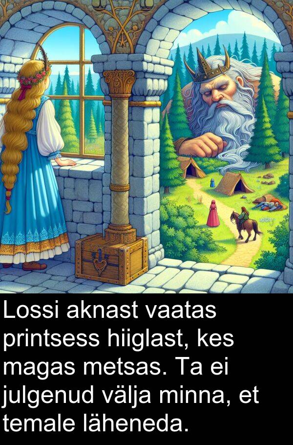 metsas: Lossi aknast vaatas printsess hiiglast, kes magas metsas. Ta ei julgenud välja minna, et temale läheneda.
