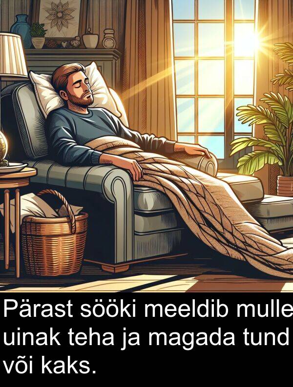mulle: Pärast sööki meeldib mulle uinak teha ja magada tund või kaks.