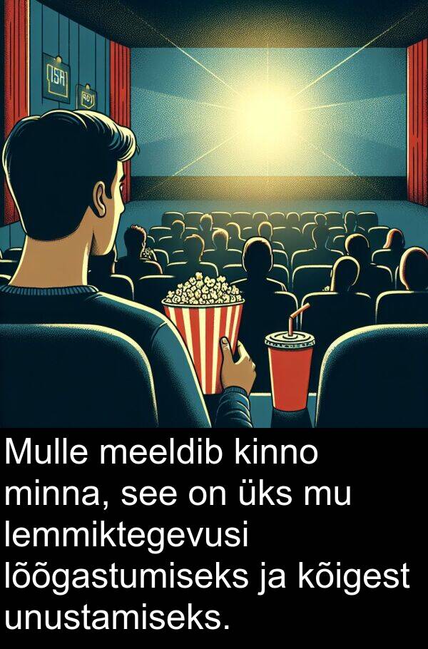 lõõgastumiseks: Mulle meeldib kinno minna, see on üks mu lemmiktegevusi lõõgastumiseks ja kõigest unustamiseks.