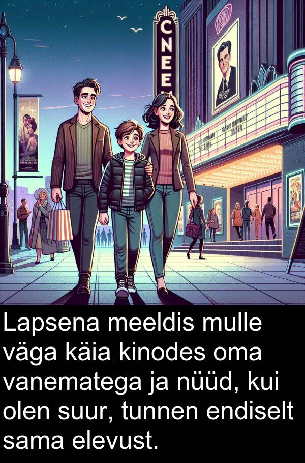 elevust: Lapsena meeldis mulle väga käia kinodes oma vanematega ja nüüd, kui olen suur, tunnen endiselt sama elevust.