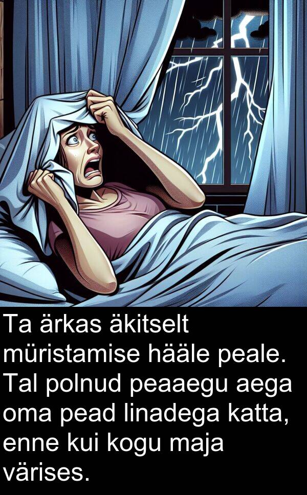 värises: Ta ärkas äkitselt müristamise hääle peale. Tal polnud peaaegu aega oma pead linadega katta, enne kui kogu maja värises.