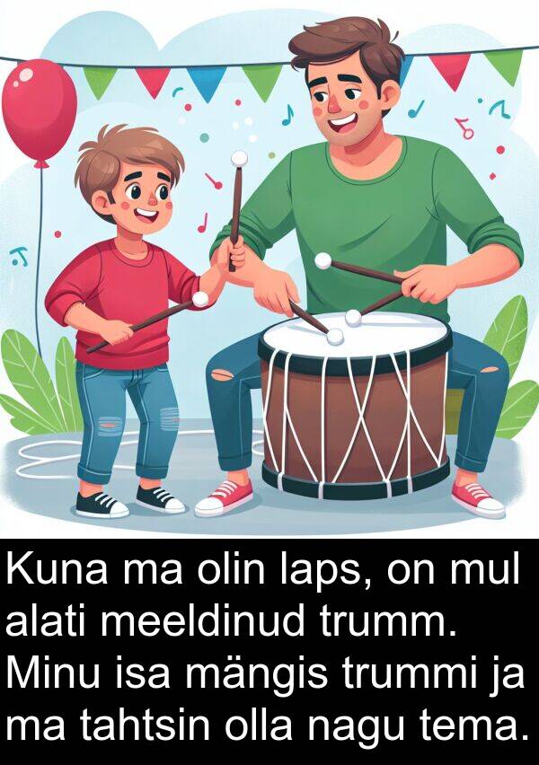 mängis: Kuna ma olin laps, on mul alati meeldinud trumm. Minu isa mängis trummi ja ma tahtsin olla nagu tema.