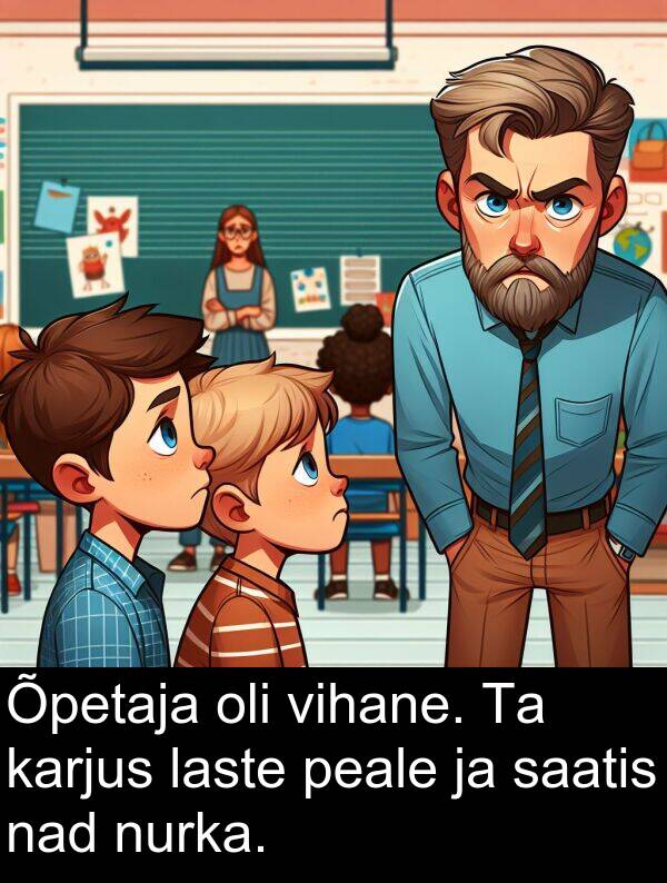 vihane: Õpetaja oli vihane. Ta karjus laste peale ja saatis nad nurka.