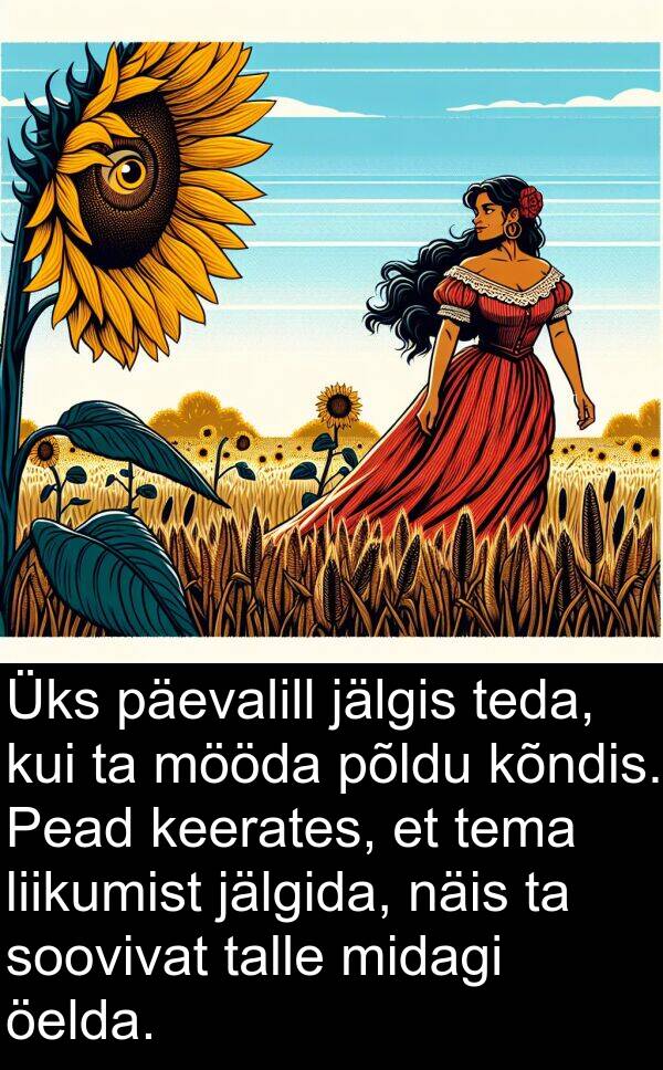 liikumist: Üks päevalill jälgis teda, kui ta mööda põldu kõndis. Pead keerates, et tema liikumist jälgida, näis ta soovivat talle midagi öelda.