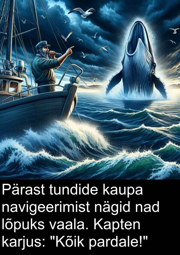 lõpuks: Pärast tundide kaupa navigeerimist nägid nad lõpuks vaala. Kapten karjus: "Kõik pardale!"