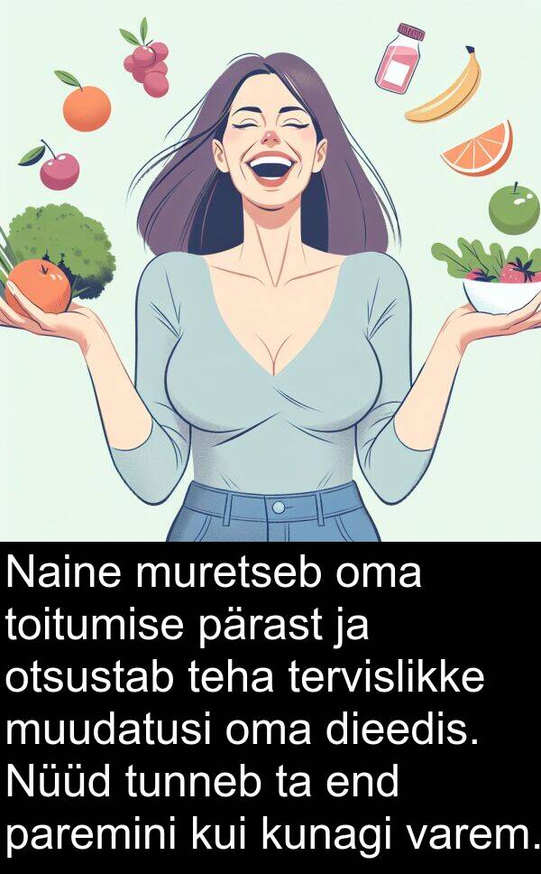 toitumise: Naine muretseb oma toitumise pärast ja otsustab teha tervislikke muudatusi oma dieedis. Nüüd tunneb ta end paremini kui kunagi varem.