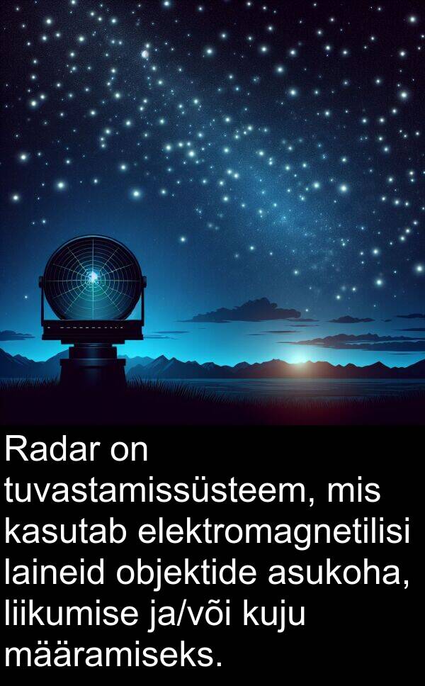 kuju: Radar on tuvastamissüsteem, mis kasutab elektromagnetilisi laineid objektide asukoha, liikumise ja/või kuju määramiseks.