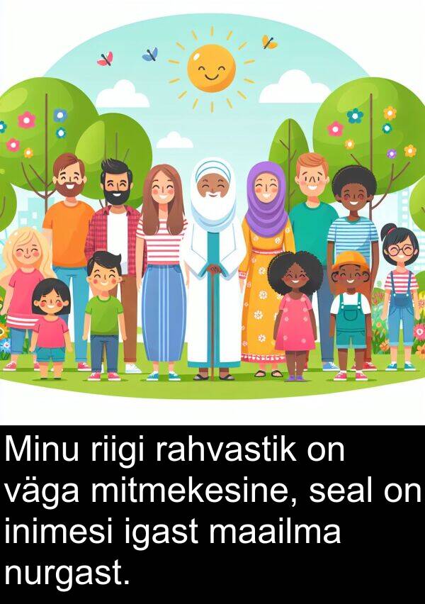 riigi: Minu riigi rahvastik on väga mitmekesine, seal on inimesi igast maailma nurgast.
