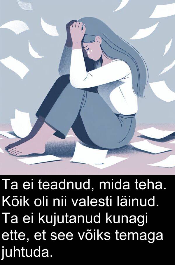 läinud: Ta ei teadnud, mida teha. Kõik oli nii valesti läinud. Ta ei kujutanud kunagi ette, et see võiks temaga juhtuda.