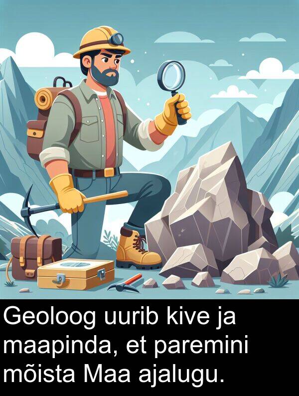 uurib: Geoloog uurib kive ja maapinda, et paremini mõista Maa ajalugu.