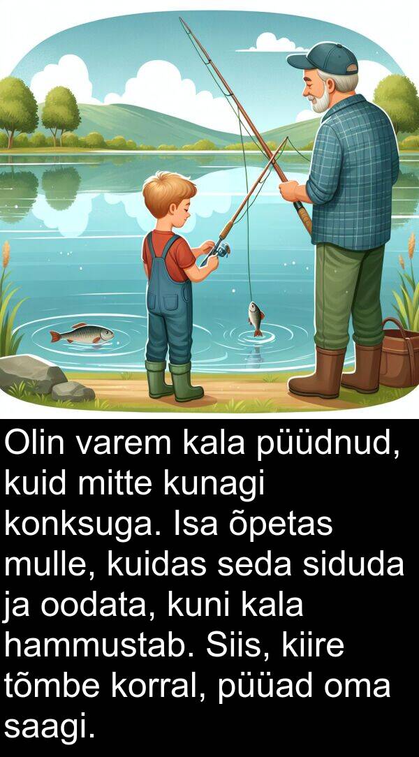 kuidas: Olin varem kala püüdnud, kuid mitte kunagi konksuga. Isa õpetas mulle, kuidas seda siduda ja oodata, kuni kala hammustab. Siis, kiire tõmbe korral, püüad oma saagi.