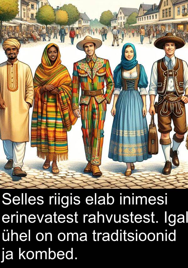 riigis: Selles riigis elab inimesi erinevatest rahvustest. Igal ühel on oma traditsioonid ja kombed.