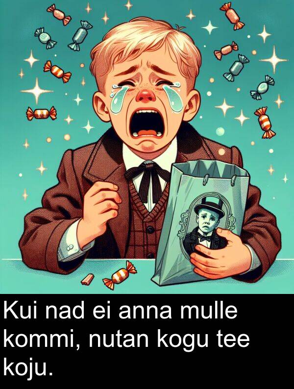 koju: Kui nad ei anna mulle kommi, nutan kogu tee koju.