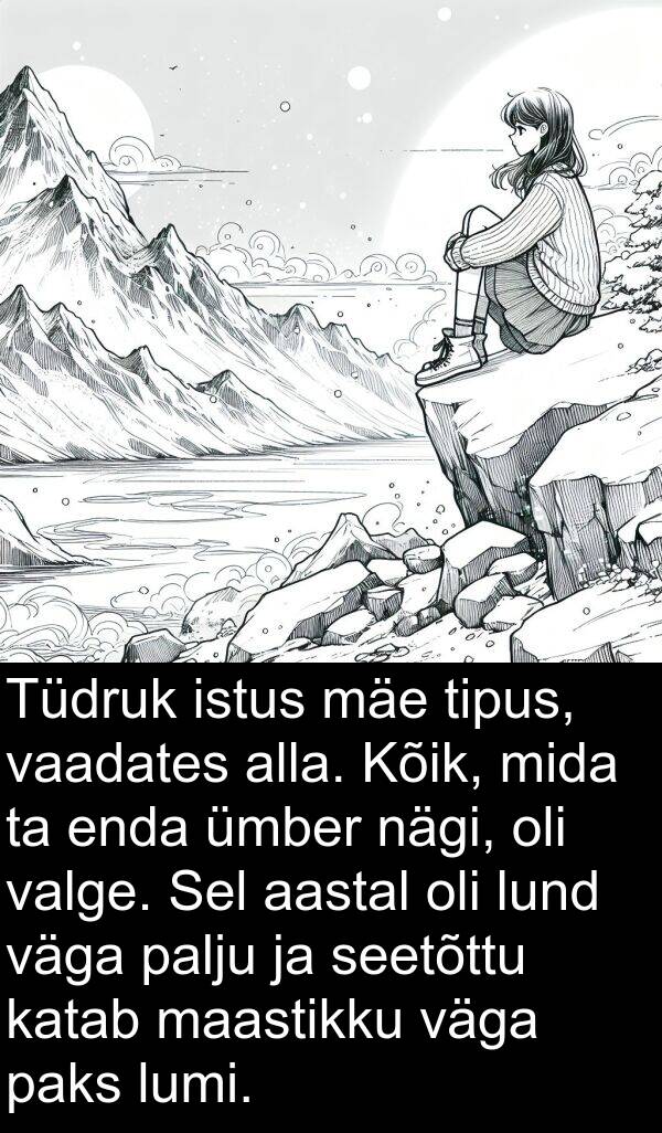 lund: Tüdruk istus mäe tipus, vaadates alla. Kõik, mida ta enda ümber nägi, oli valge. Sel aastal oli lund väga palju ja seetõttu katab maastikku väga paks lumi.