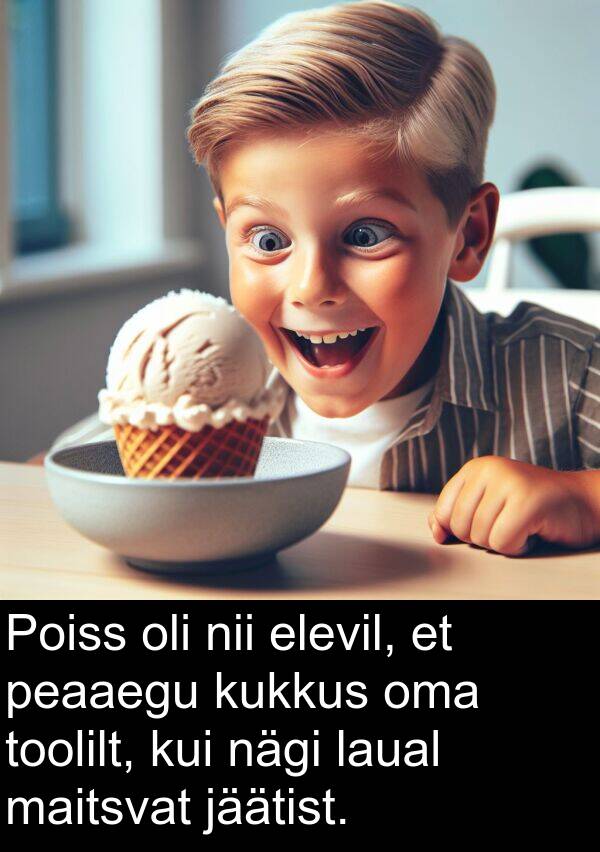 kukkus: Poiss oli nii elevil, et peaaegu kukkus oma toolilt, kui nägi laual maitsvat jäätist.