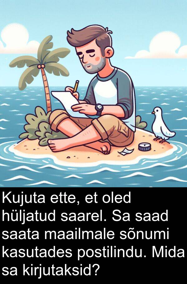 ette: Kujuta ette, et oled hüljatud saarel. Sa saad saata maailmale sõnumi kasutades postilindu. Mida sa kirjutaksid?