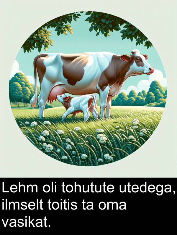 toitis: Lehm oli tohutute utedega, ilmselt toitis ta oma vasikat.