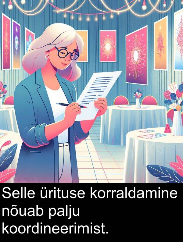 korraldamine: Selle ürituse korraldamine nõuab palju koordineerimist.