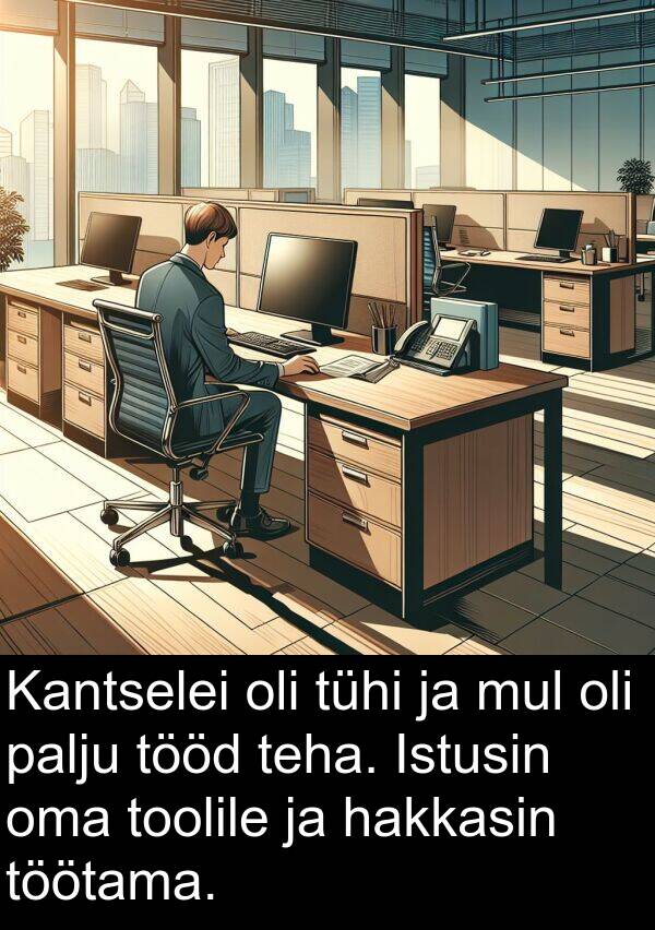 mul: Kantselei oli tühi ja mul oli palju tööd teha. Istusin oma toolile ja hakkasin töötama.