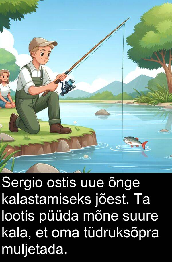 ostis: Sergio ostis uue õnge kalastamiseks jõest. Ta lootis püüda mõne suure kala, et oma tüdruksõpra muljetada.