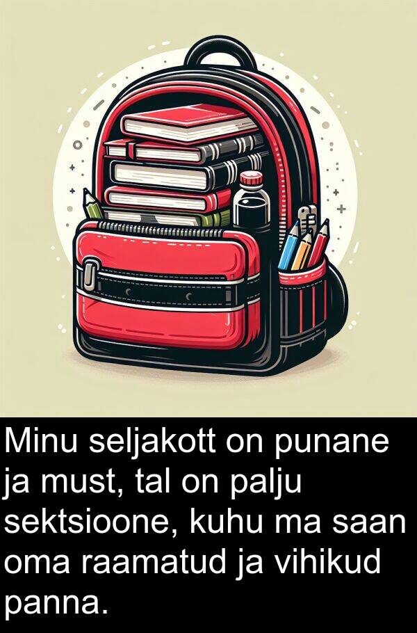 vihikud: Minu seljakott on punane ja must, tal on palju sektsioone, kuhu ma saan oma raamatud ja vihikud panna.