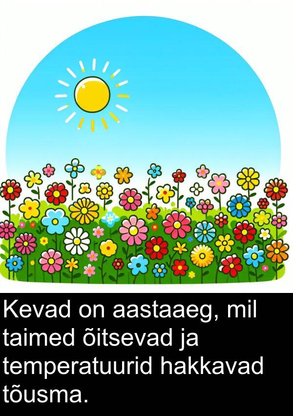 tõusma: Kevad on aastaaeg, mil taimed õitsevad ja temperatuurid hakkavad tõusma.