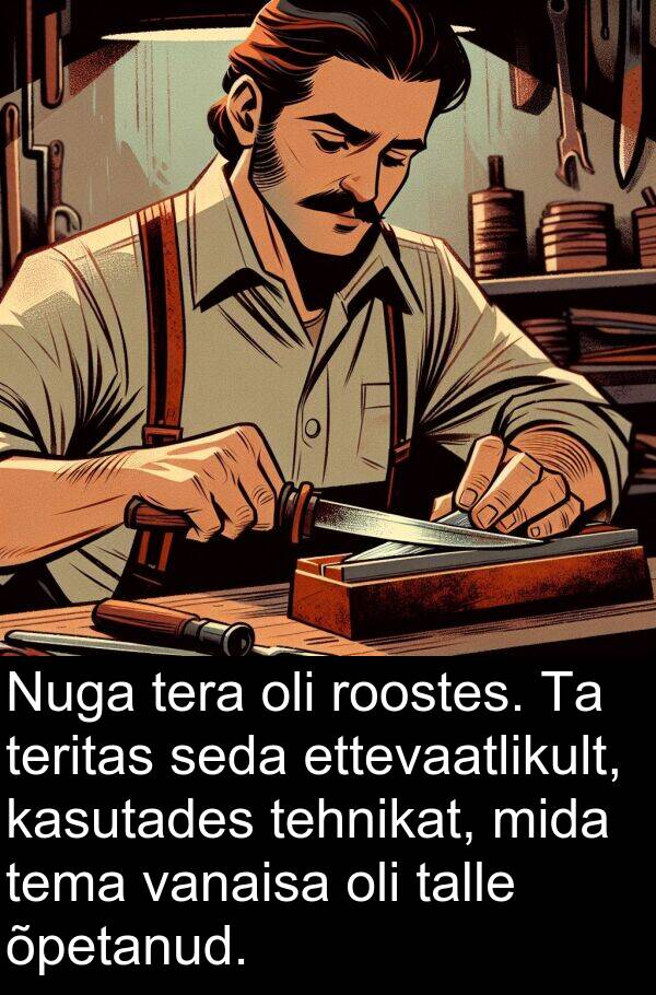 roostes: Nuga tera oli roostes. Ta teritas seda ettevaatlikult, kasutades tehnikat, mida tema vanaisa oli talle õpetanud.