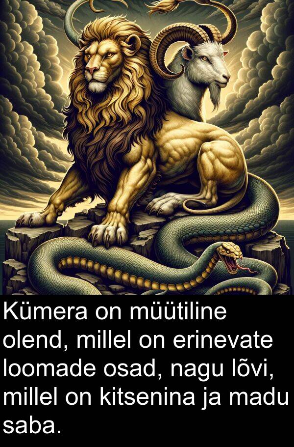 loomade: Kümera on müütiline olend, millel on erinevate loomade osad, nagu lõvi, millel on kitsenina ja madu saba.