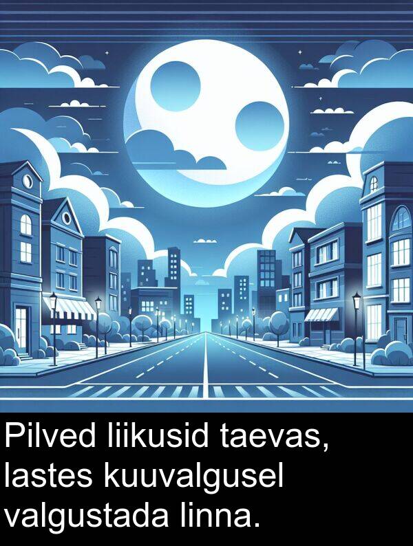 liikusid: Pilved liikusid taevas, lastes kuuvalgusel valgustada linna.