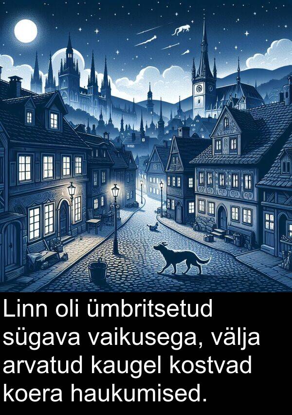 sügava: Linn oli ümbritsetud sügava vaikusega, välja arvatud kaugel kostvad koera haukumised.