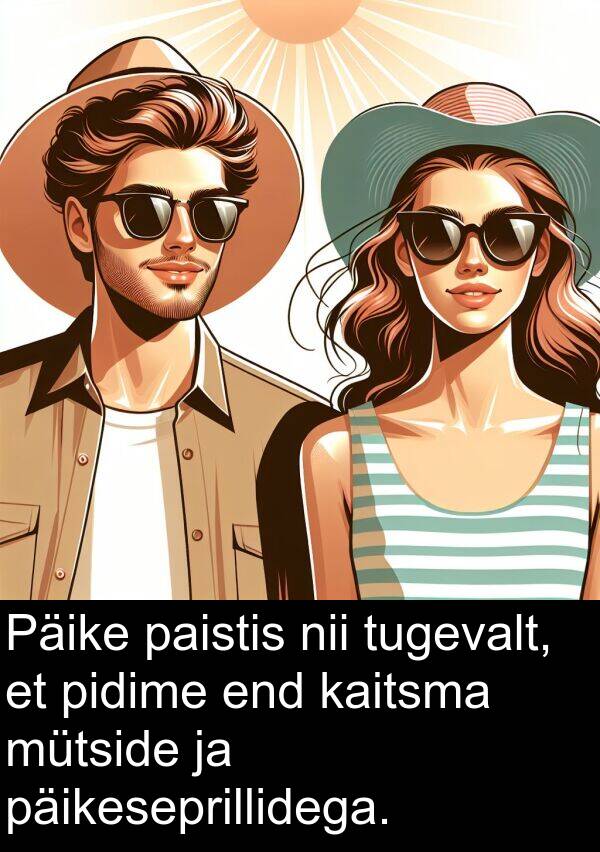 tugevalt: Päike paistis nii tugevalt, et pidime end kaitsma mütside ja päikeseprillidega.