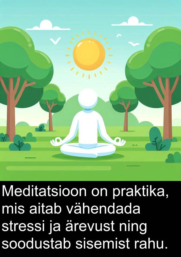 soodustab: Meditatsioon on praktika, mis aitab vähendada stressi ja ärevust ning soodustab sisemist rahu.