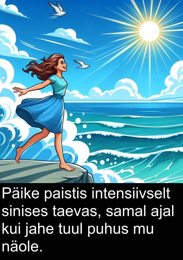 intensiivselt: Päike paistis intensiivselt sinises taevas, samal ajal kui jahe tuul puhus mu näole.