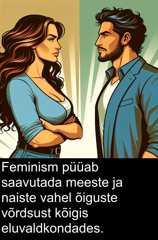 kõigis: Feminism püüab saavutada meeste ja naiste vahel õiguste võrdsust kõigis eluvaldkondades.