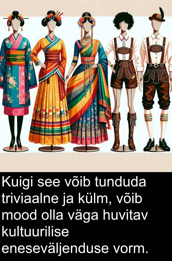 kultuurilise: Kuigi see võib tunduda triviaalne ja külm, võib mood olla väga huvitav kultuurilise eneseväljenduse vorm.