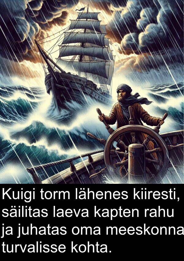 kohta: Kuigi torm lähenes kiiresti, säilitas laeva kapten rahu ja juhatas oma meeskonna turvalisse kohta.