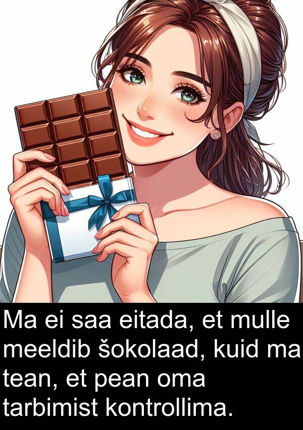 kontrollima: Ma ei saa eitada, et mulle meeldib šokolaad, kuid ma tean, et pean oma tarbimist kontrollima.