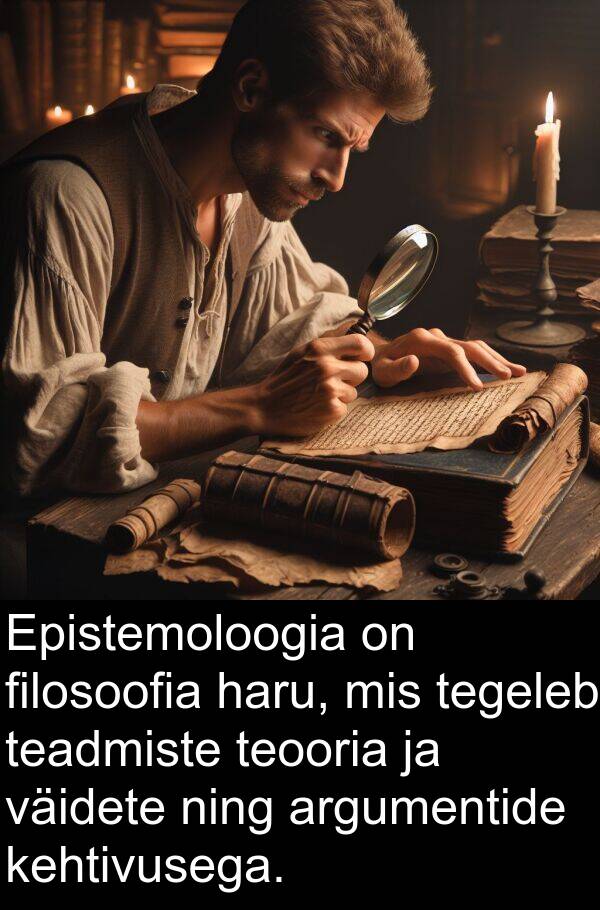 argumentide: Epistemoloogia on filosoofia haru, mis tegeleb teadmiste teooria ja väidete ning argumentide kehtivusega.